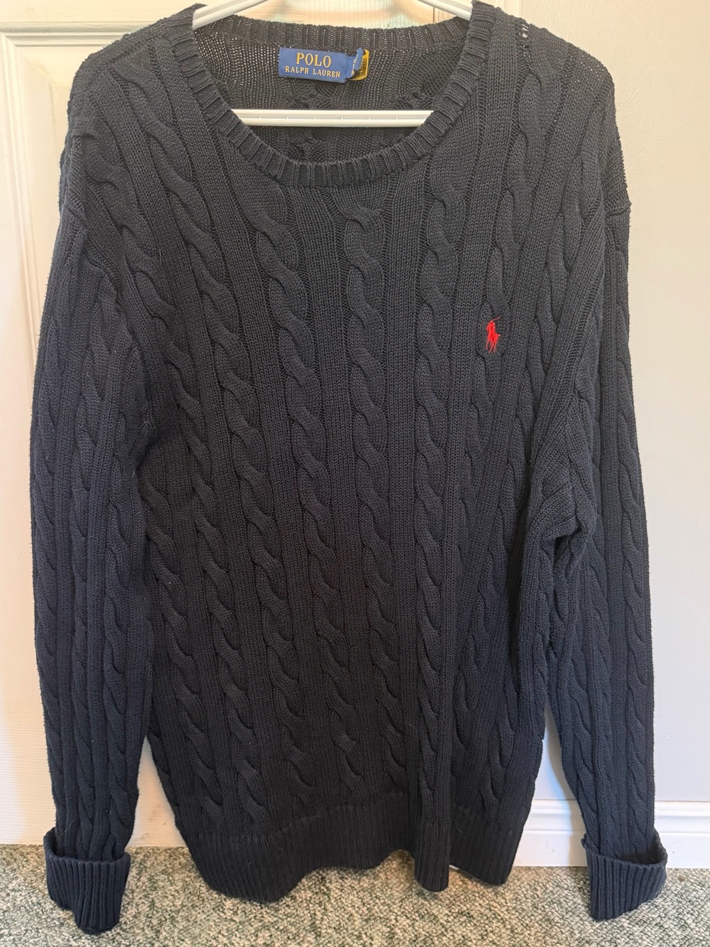 Ralph Lauren Navy Cable-Knit Crewneck Sweater with Red Pony OBO